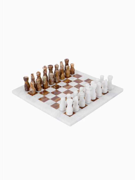 White Carrara Marble & Amber Onyx Chess Set