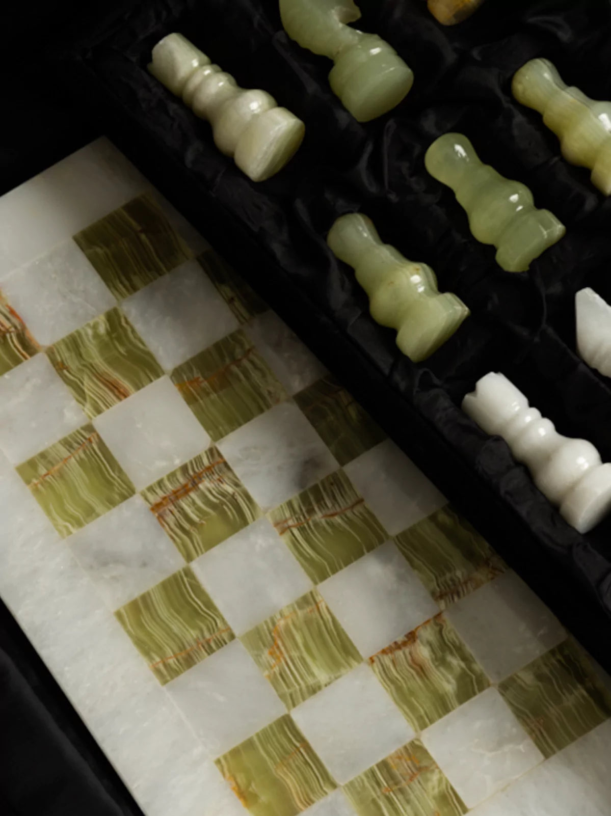 White Carrara Marble & Green Onyx Chess Set