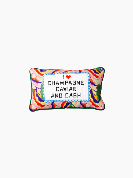 Champagne Caviar Cash Needlepoint Pillow