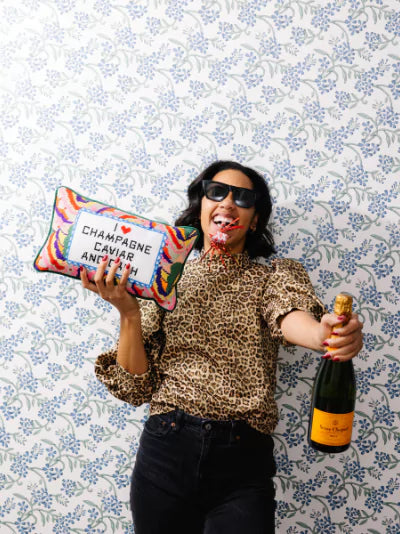 Champagne Caviar Cash Needlepoint Pillow