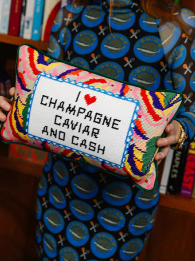 Champagne Caviar Cash Needlepoint Pillow