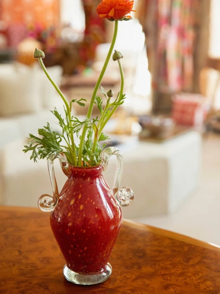 Gold Speckled Red Handblown Glass Vase