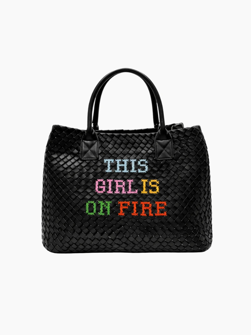 This Girl Is On Fire Embroidered Woven Bag