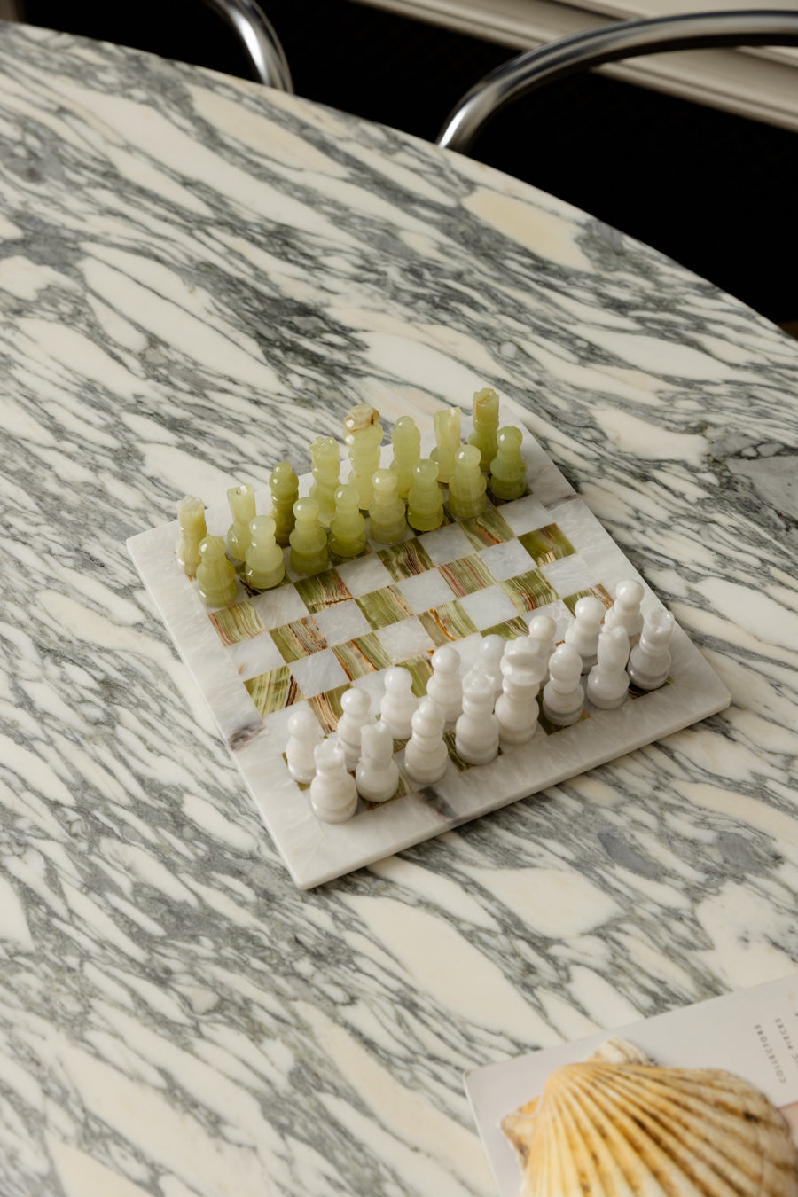White Carrara Marble & Tiger Onyx Chess Set
