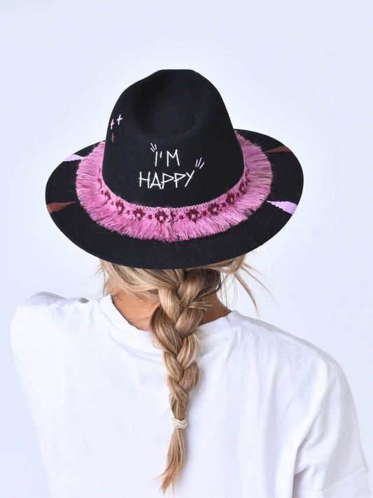Black I'm Happy Wool Hat