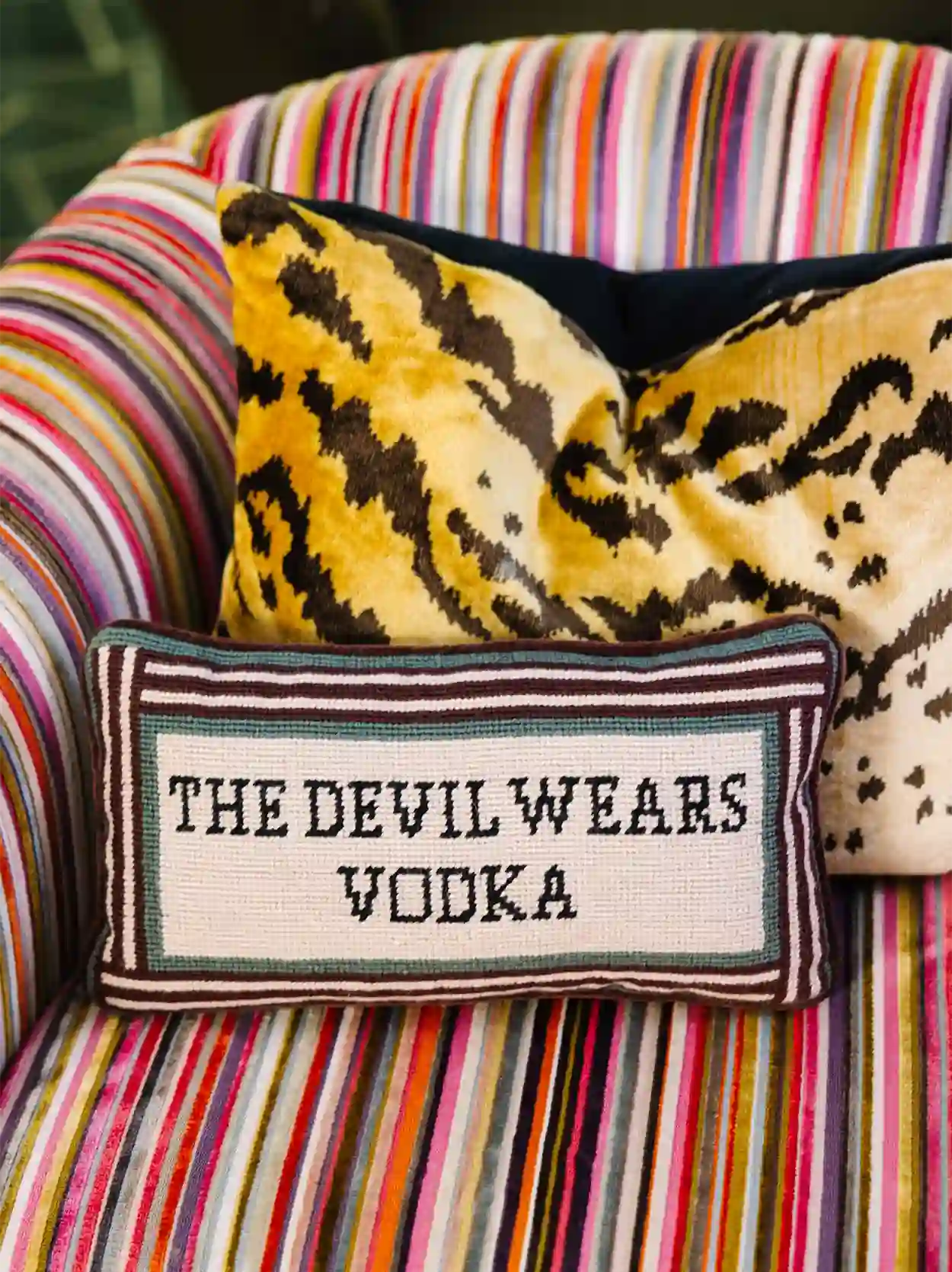 Devil Wears Vodka Needlepoint Pillow