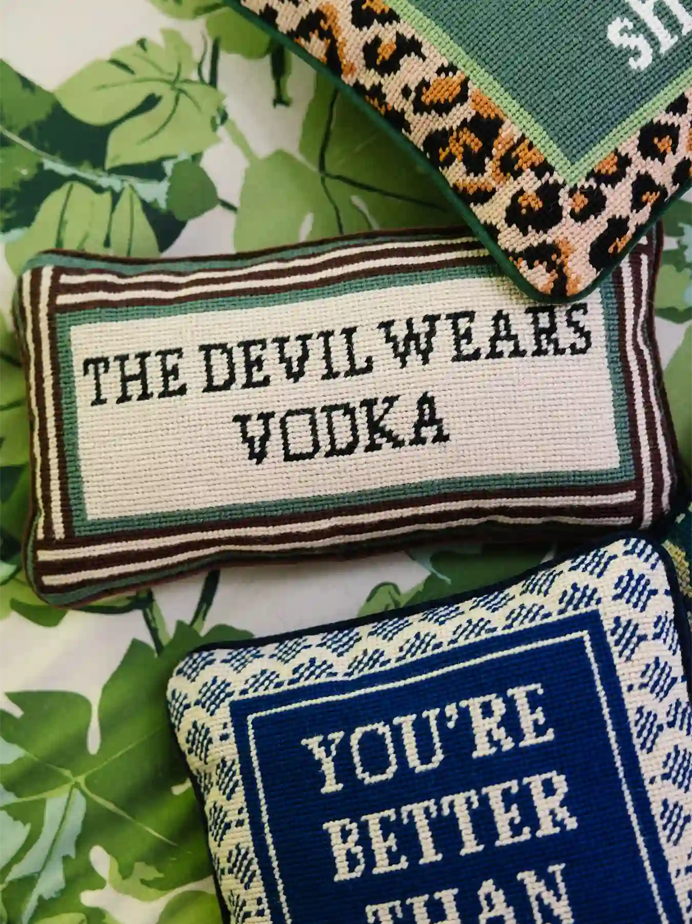 Devil Wears Vodka Needlepoint Pillow