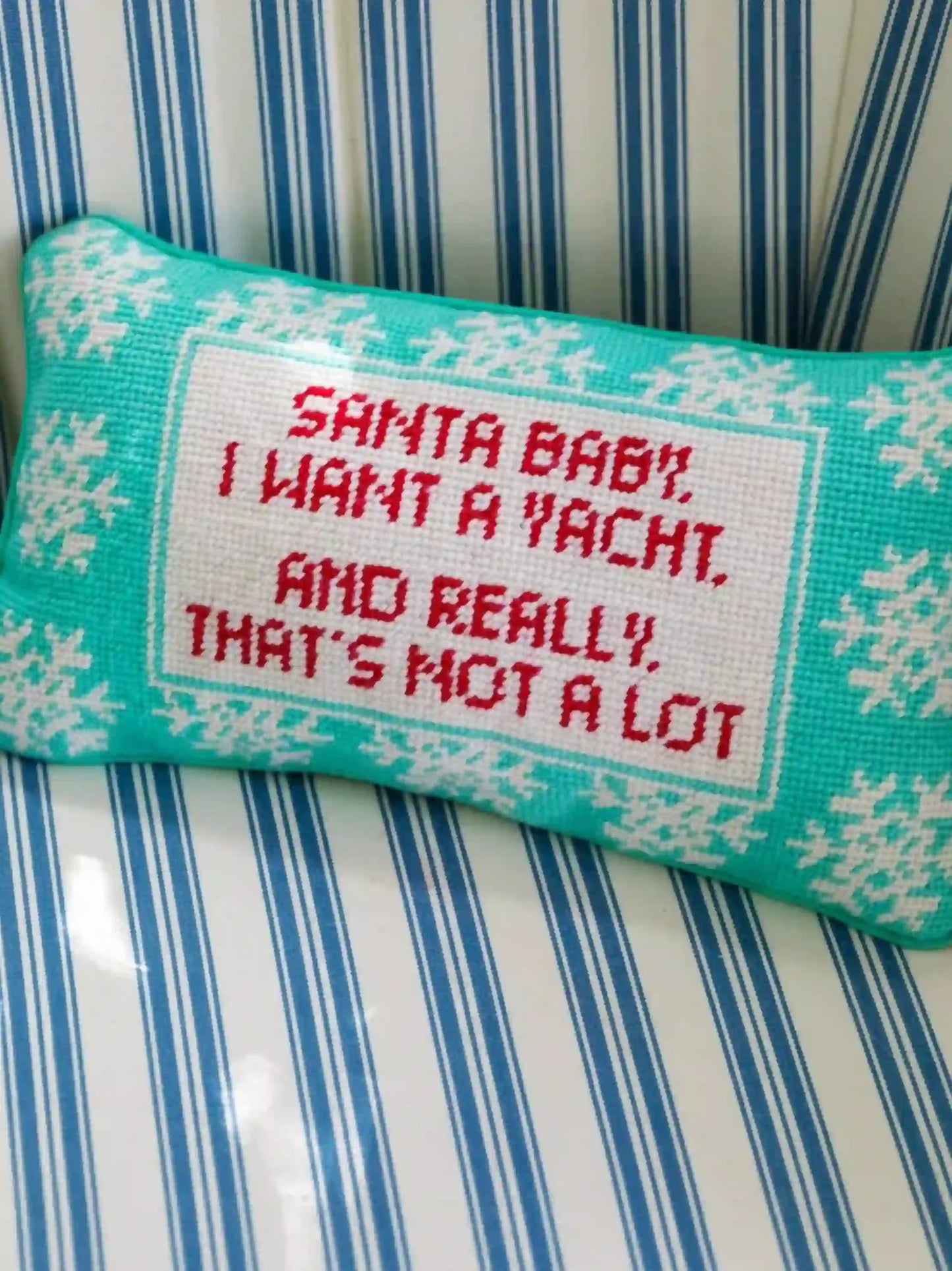 Santa I Want a Yacht Needlepoint Pillow