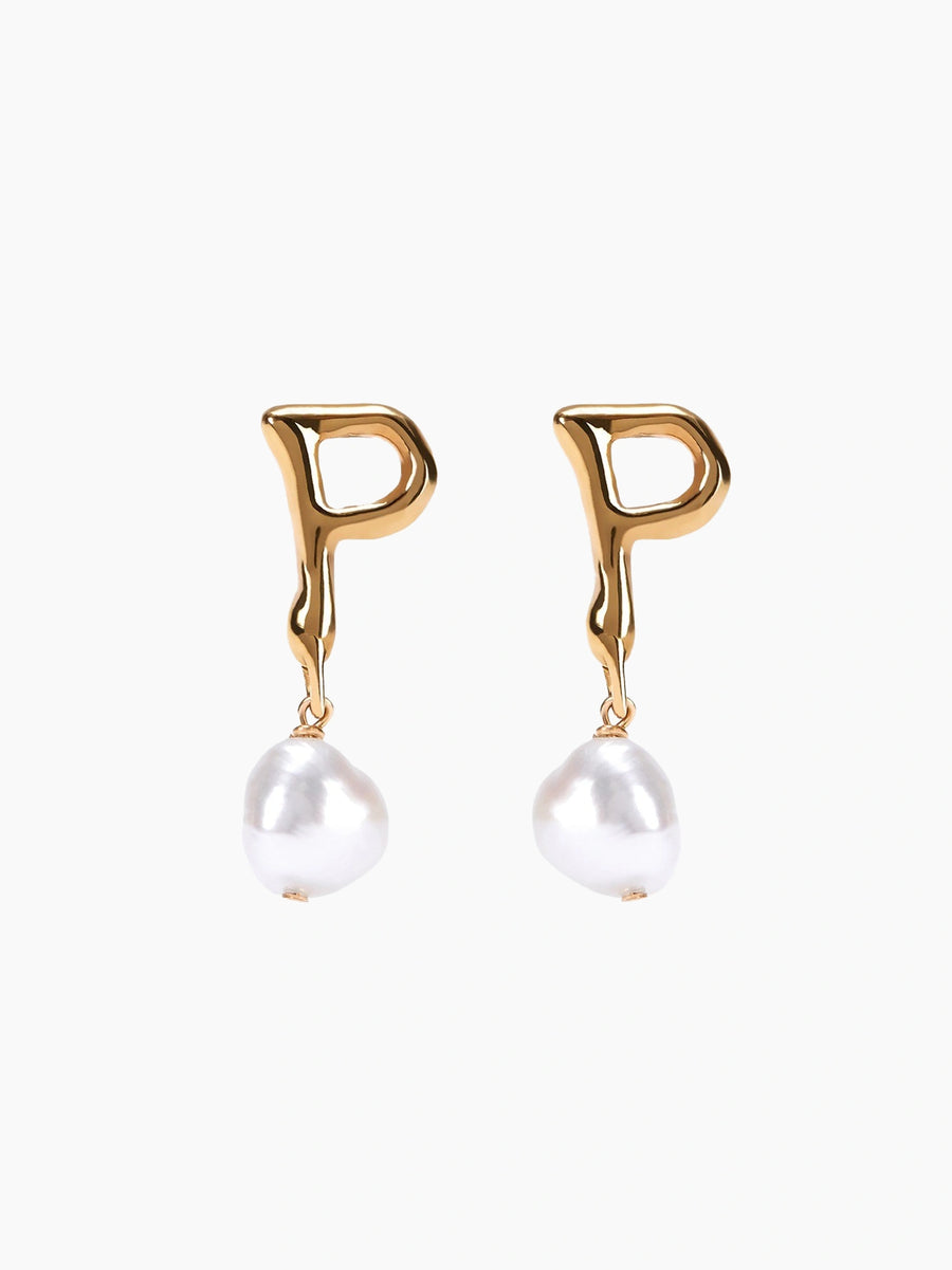 Gold Pearl Letter Earrings