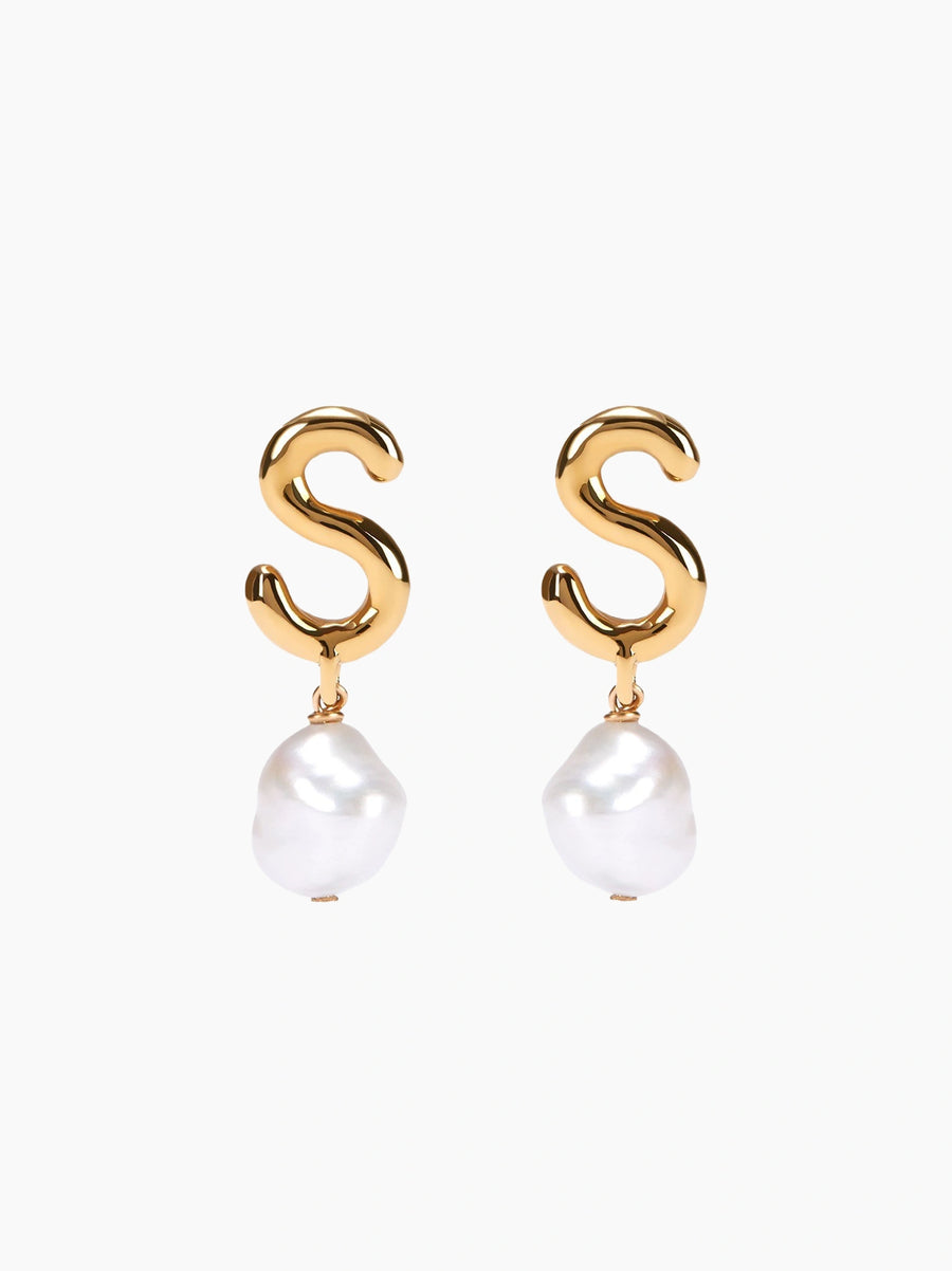 Gold Pearl Letter Earrings
