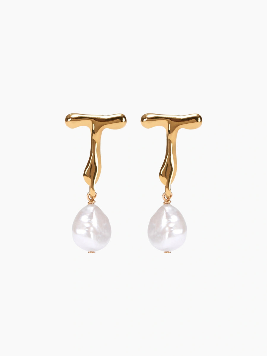 Gold Pearl Letter Earrings