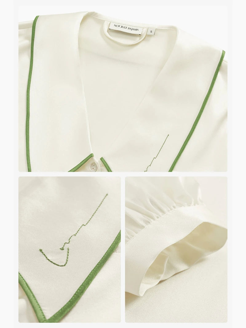 French Style Silk Long Pyjama Set collar embroidery detail