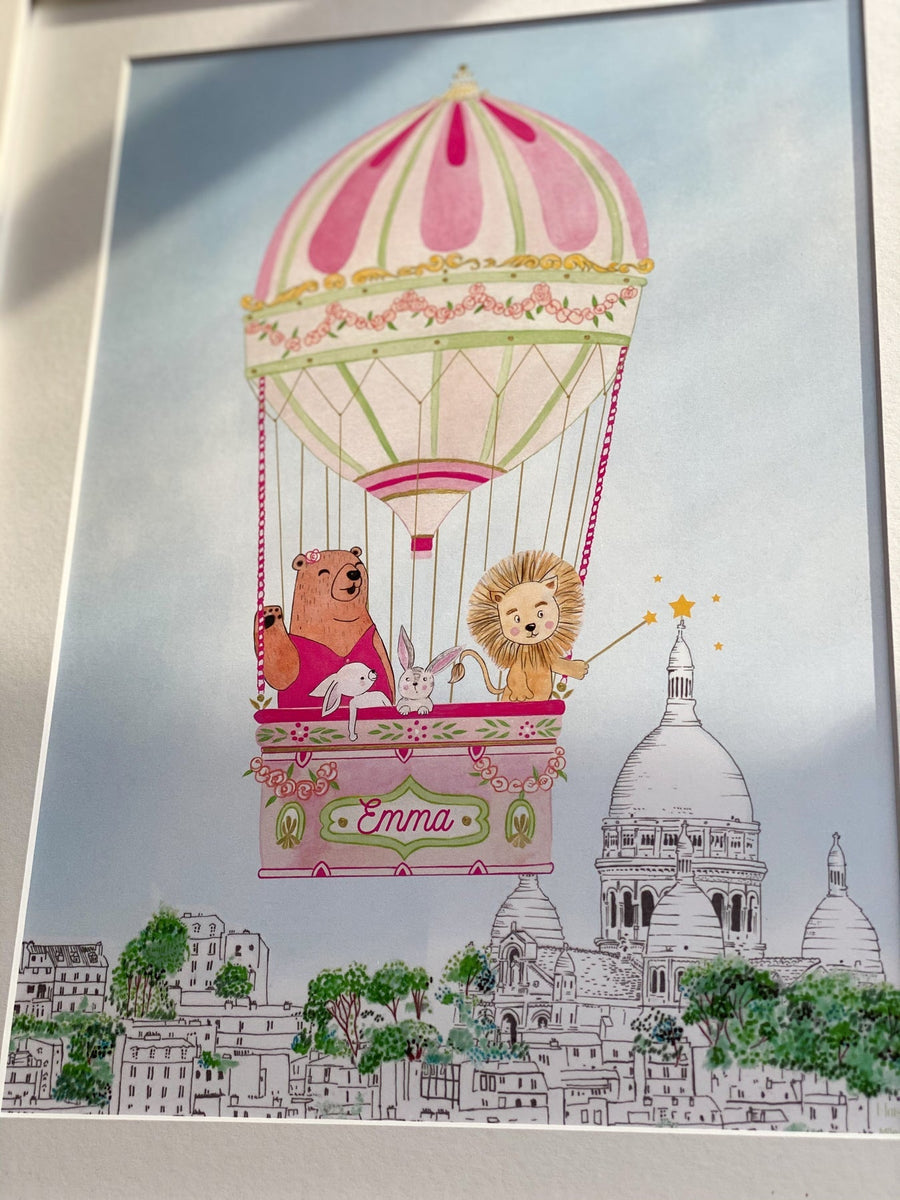 Personalised Hot Air Balloon of Montmartre Kids Art Print