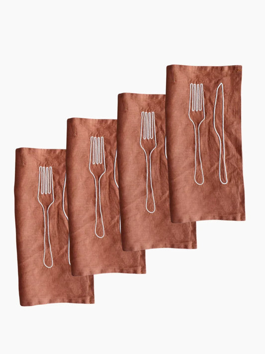 Embroidered Knife and Fork Napkins Set of 4