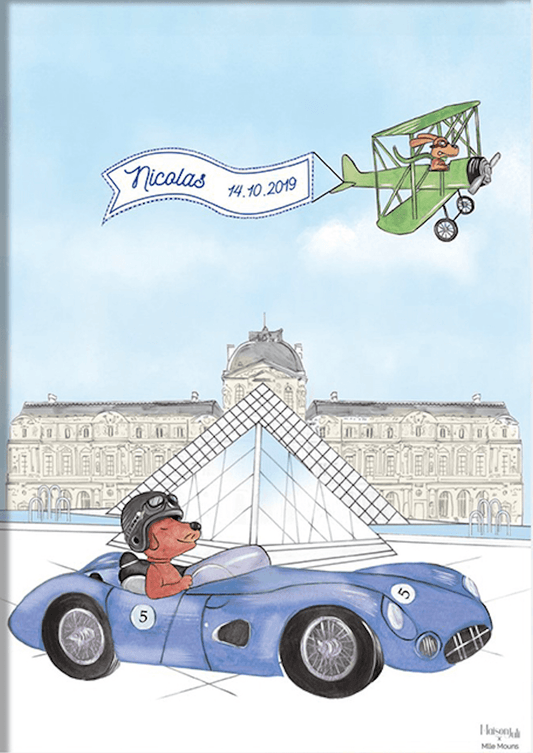 Sports Car Driving by The Louvre in Blue